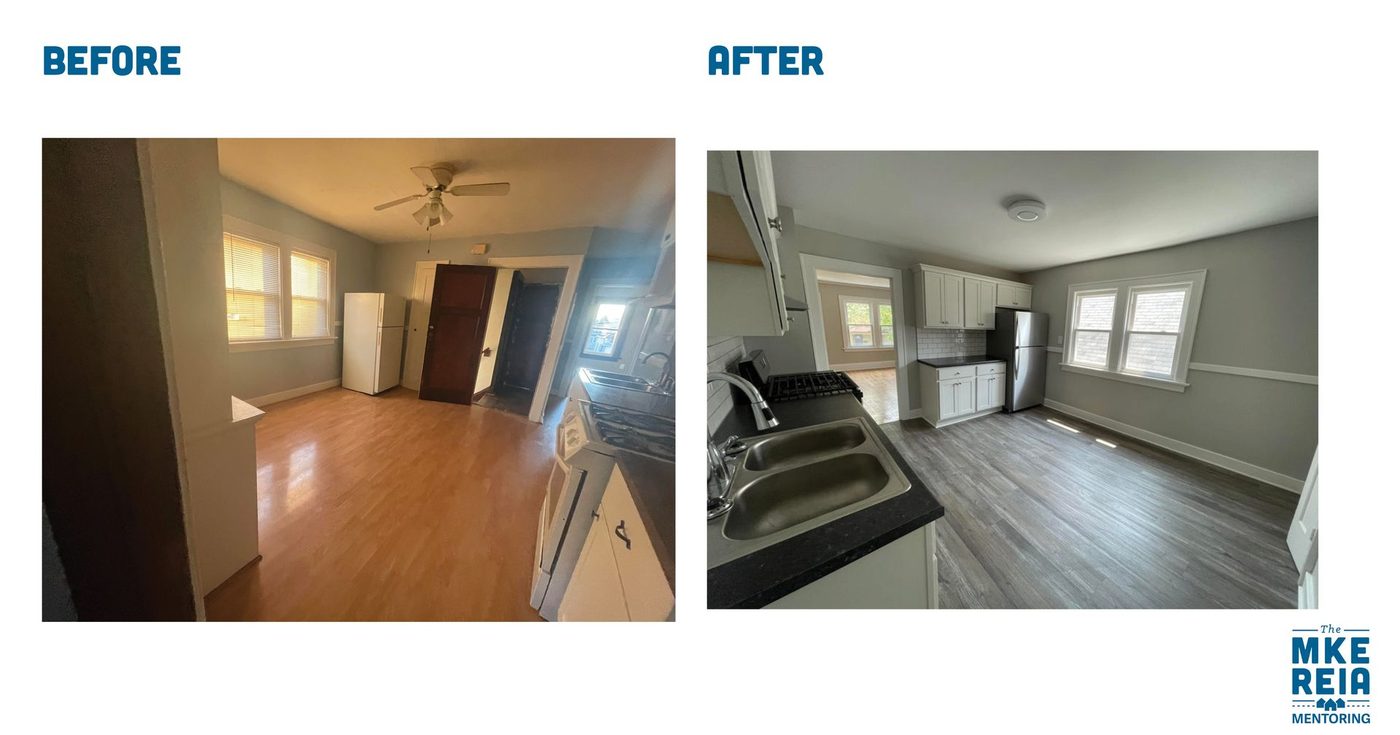 A before and after photo of a living room and kitchen.