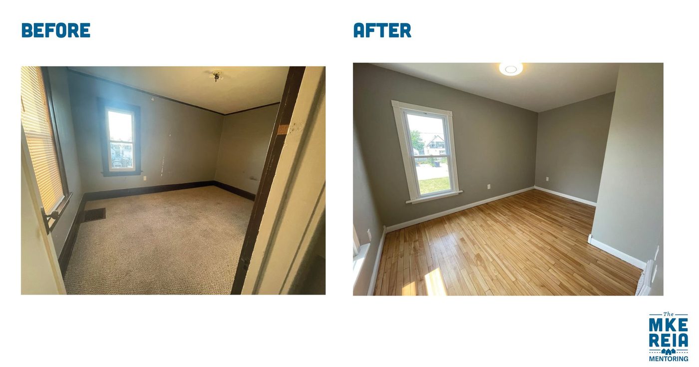 A before and after photo of a room with carpet and hardwood floors.