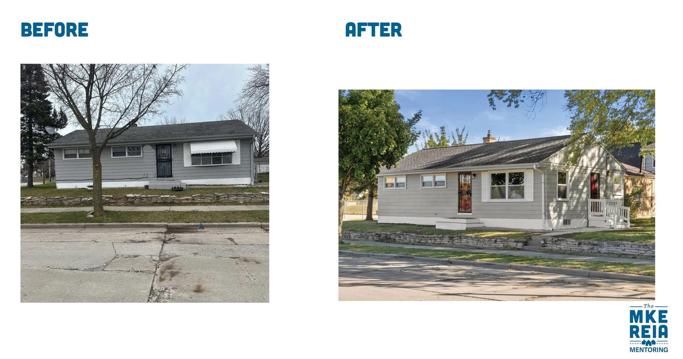 Before and after photos of the front of a ranch house