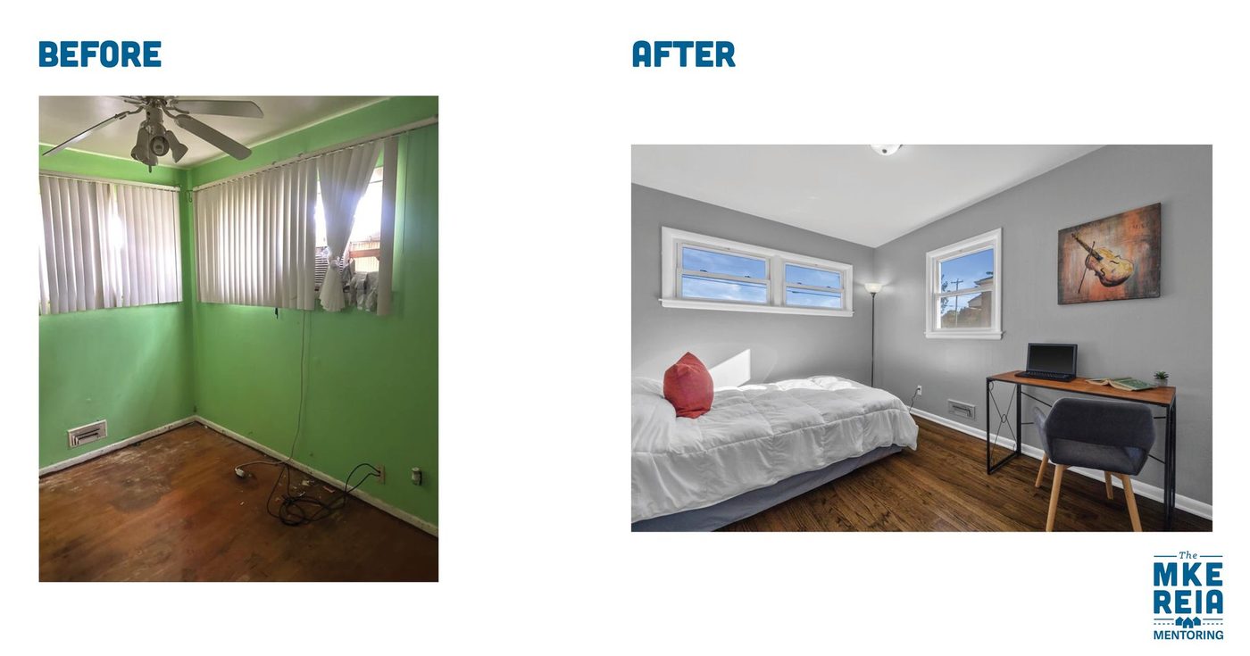 Before and after photos of a bedroom