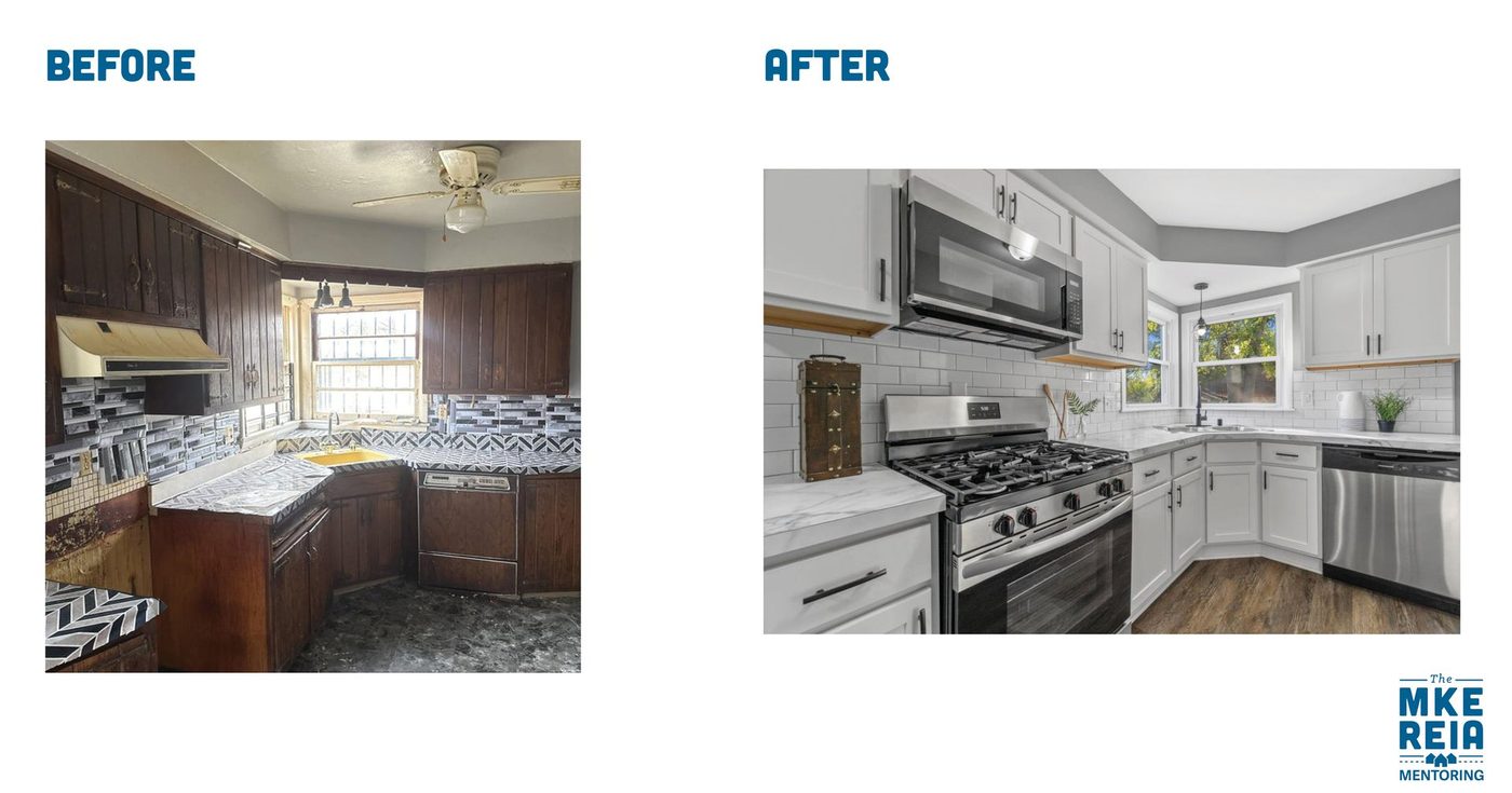 Before and after photos of a kitchen