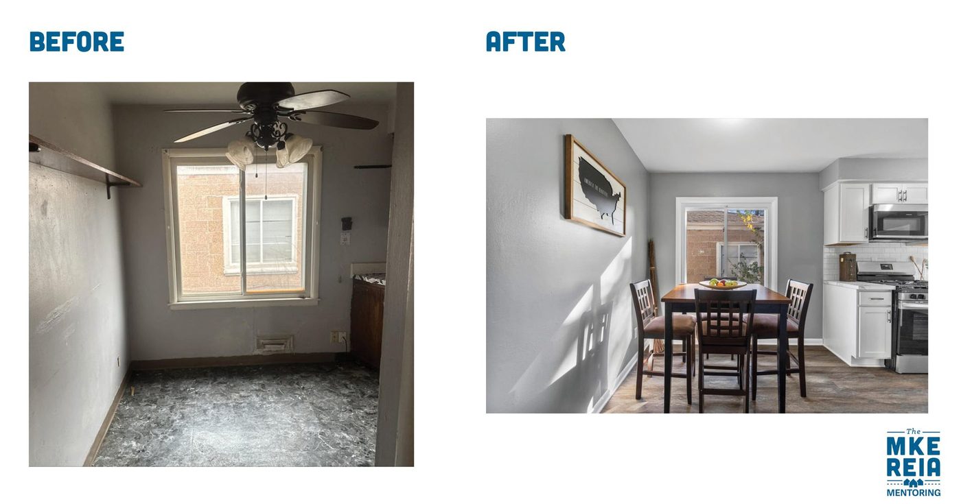 Before and after photos of a dining area
