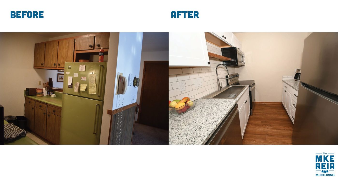 A before and after photo of a kitchen with a green refrigerator