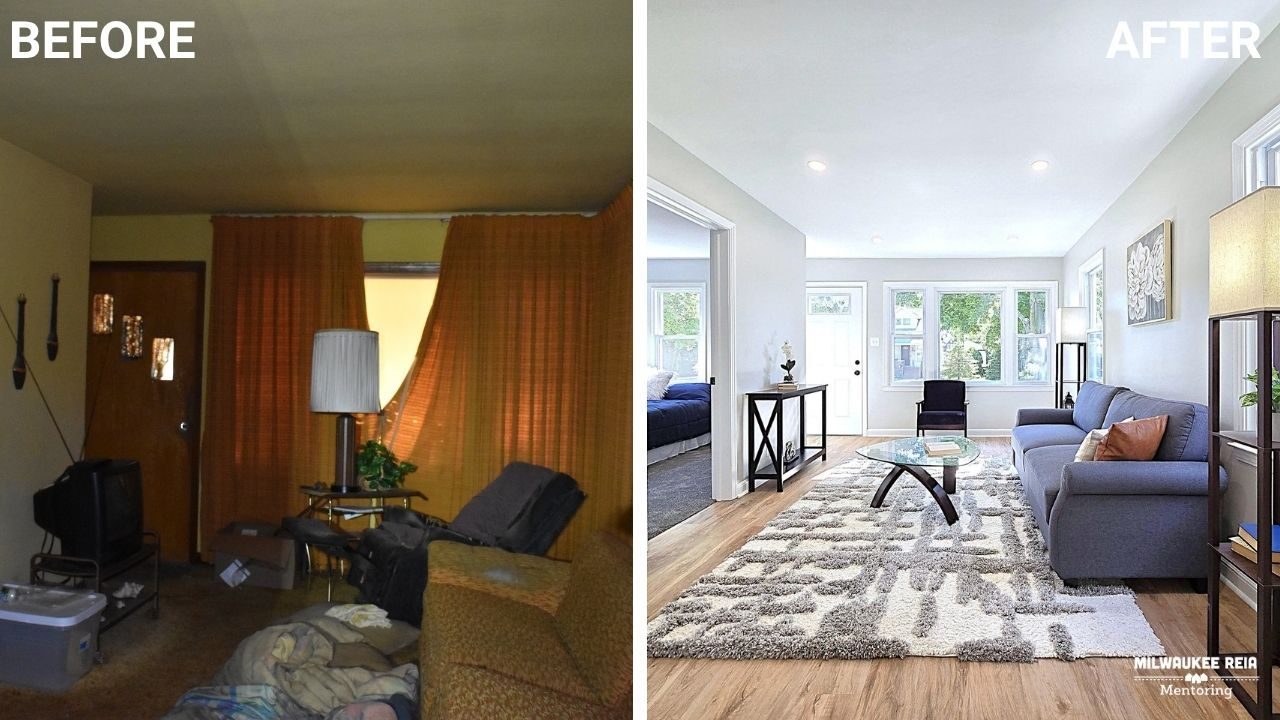 Before and after photos of a living room