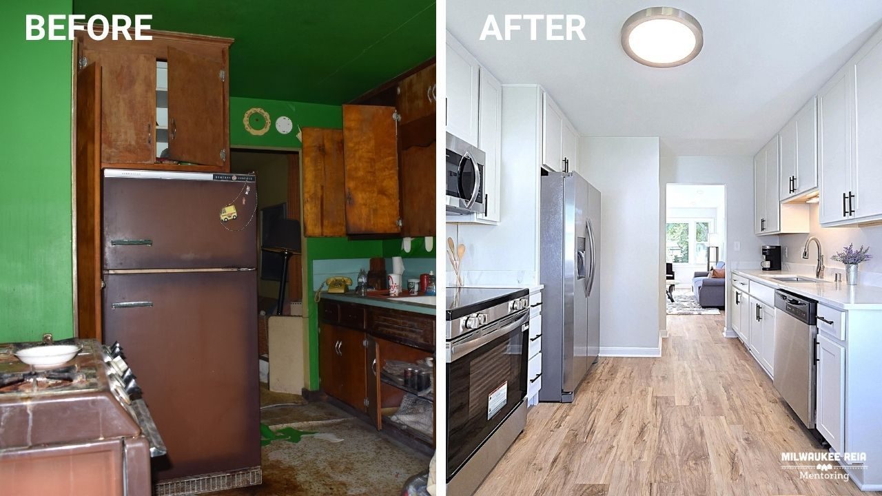Before and after photos of a kitchen