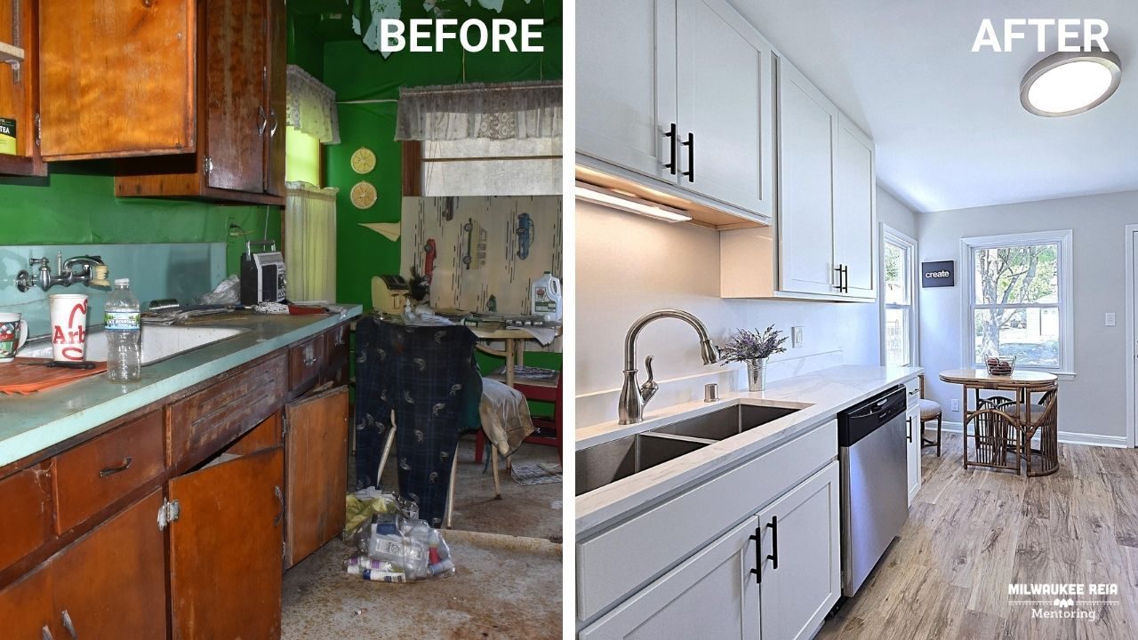 Before and after photos of the kitchen from another angle
