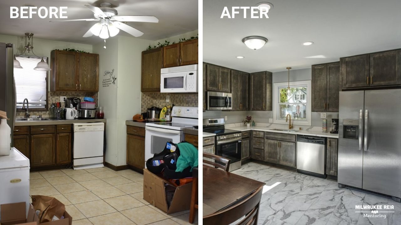 Before and after photos of a kitchen