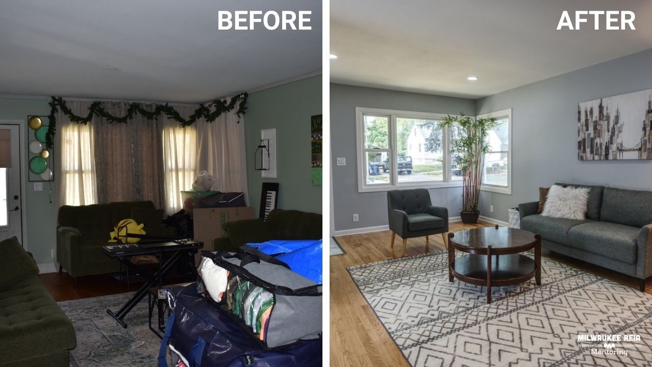 Before and after photos of a living room