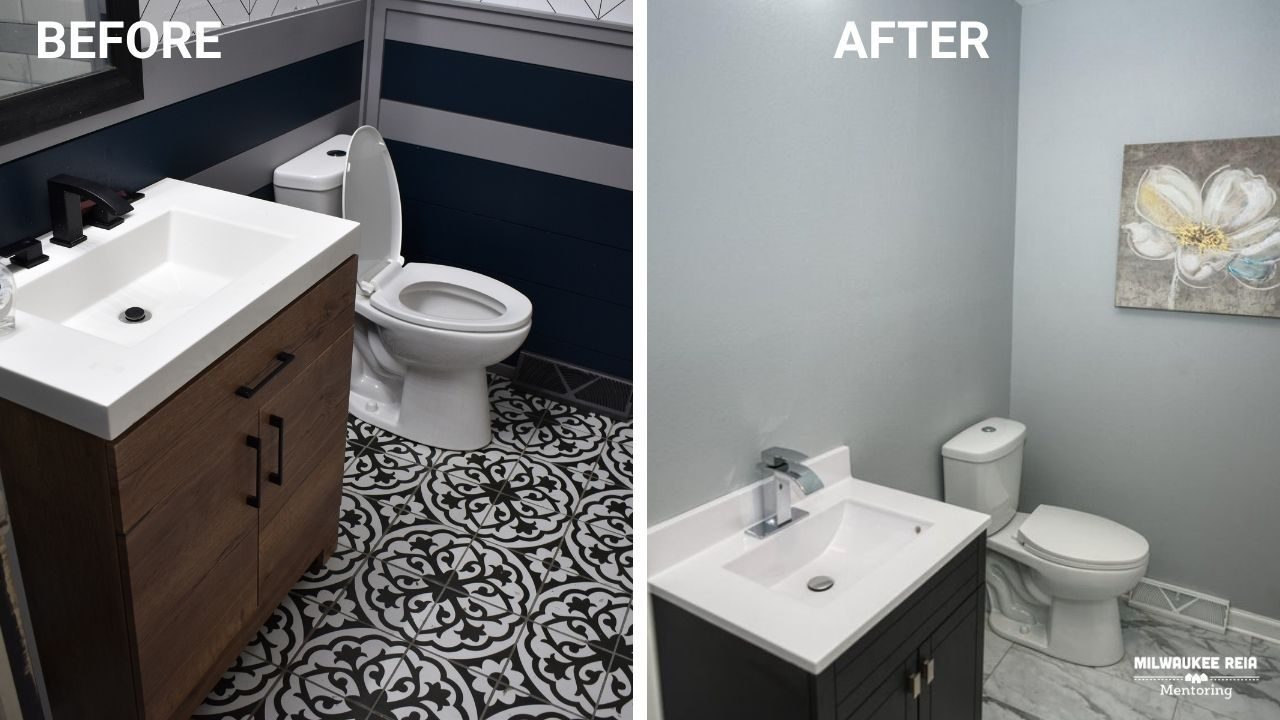 Before and after photos of a bathroom