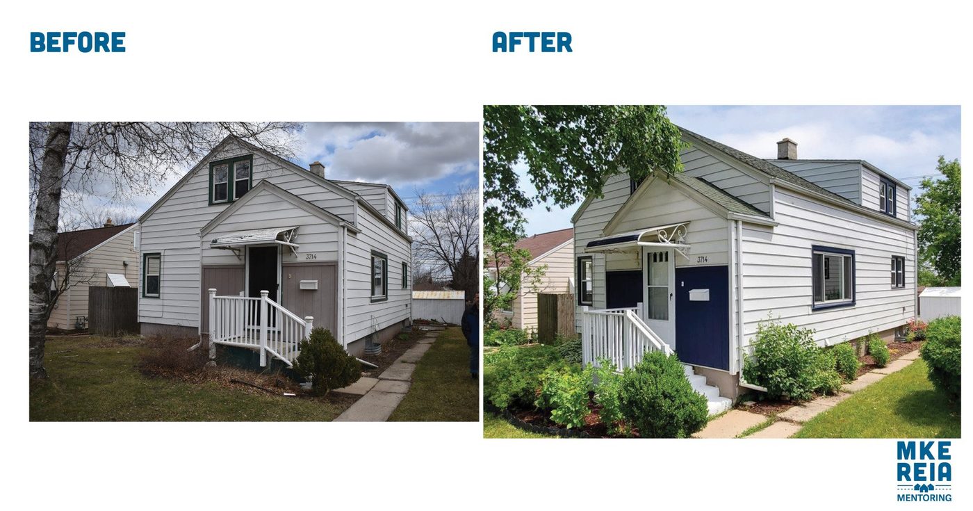 A before and after picture of a white house