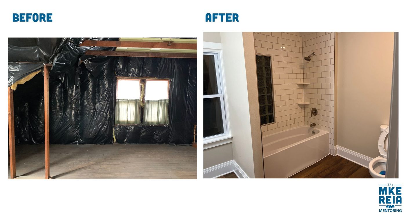 A before and after picture of a bathroom.