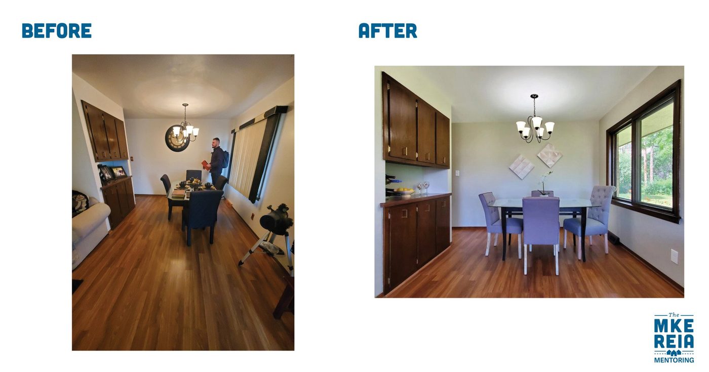 A before and after photo of a dining room
