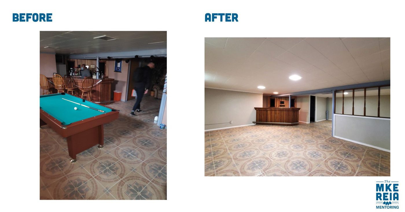 A before and after photo of a pool table in a basement.