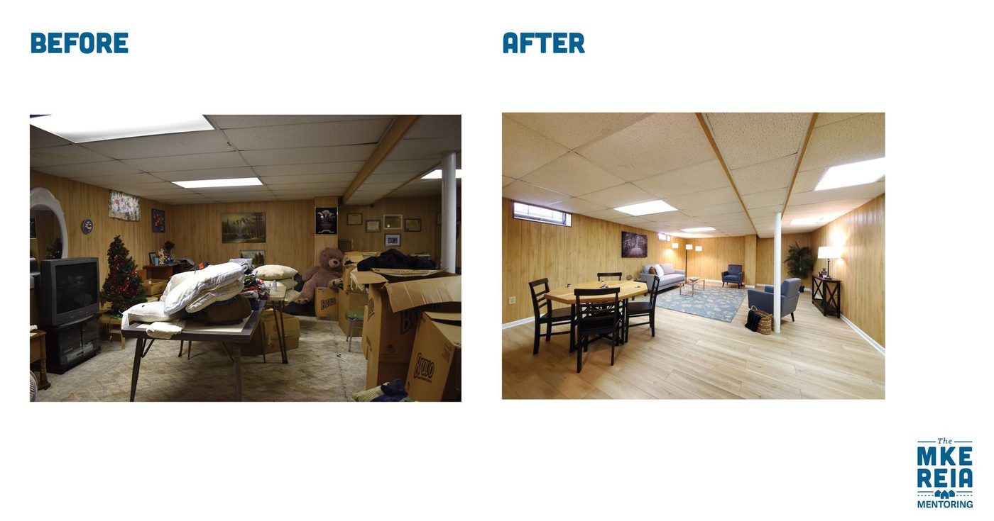 A before and after photo of a basement