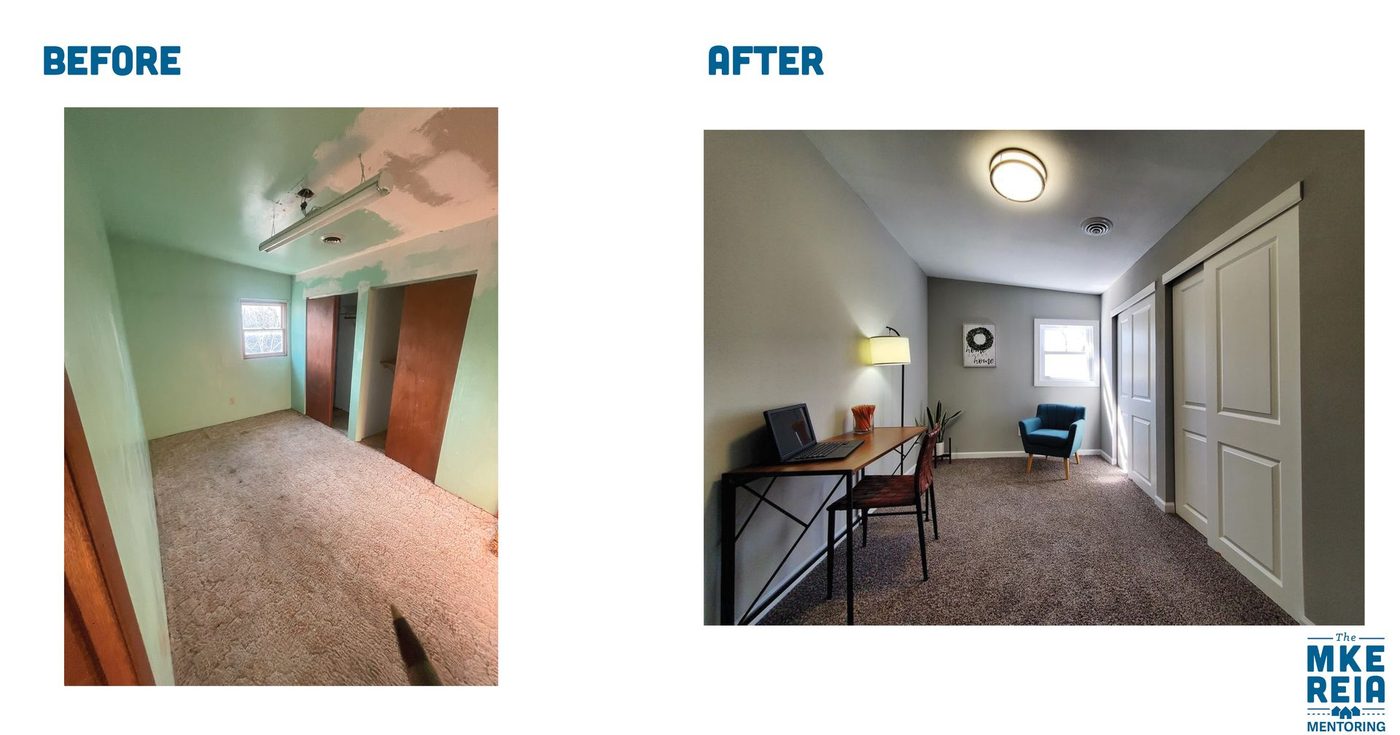 A before and after photo of a room with a desk and chair