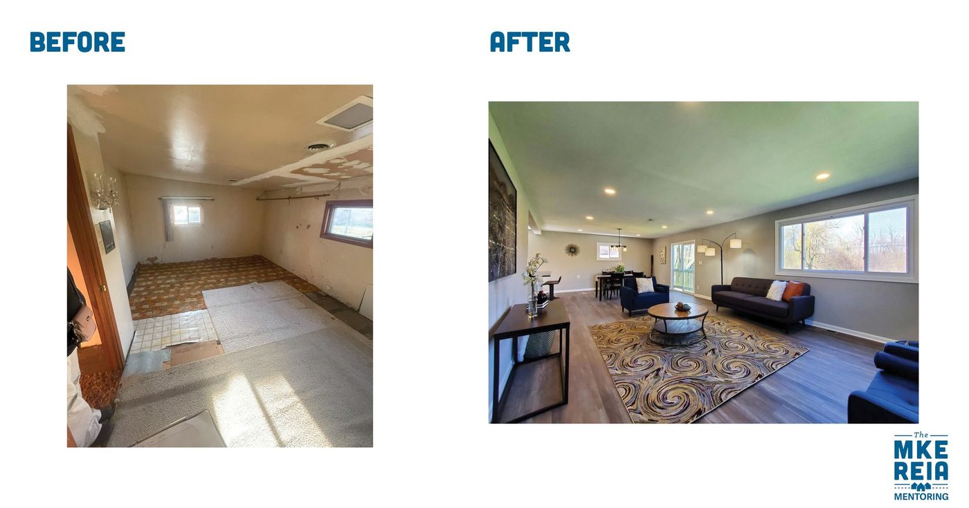 A before and after photo of a living room.