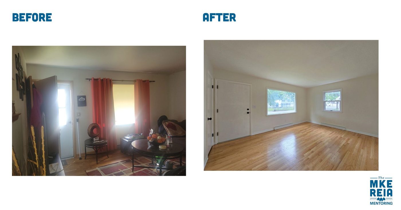 A before and after photo of a living room