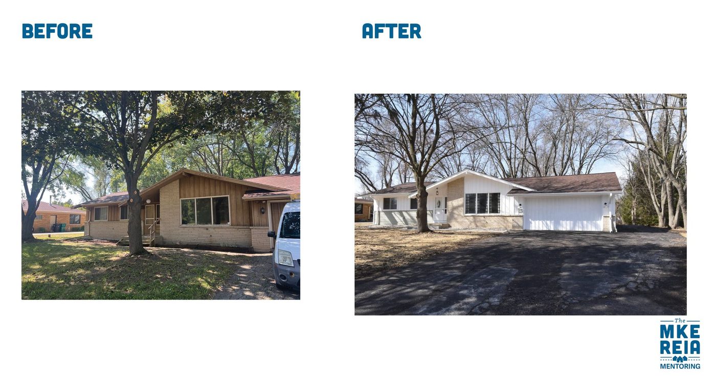 Before and after photos of the front of a ranch house