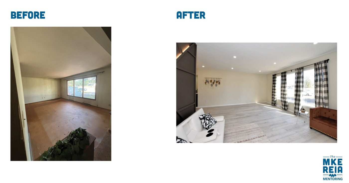 Before and after photos of a living room
