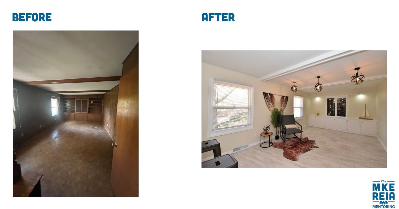Before and after photos of a dining room