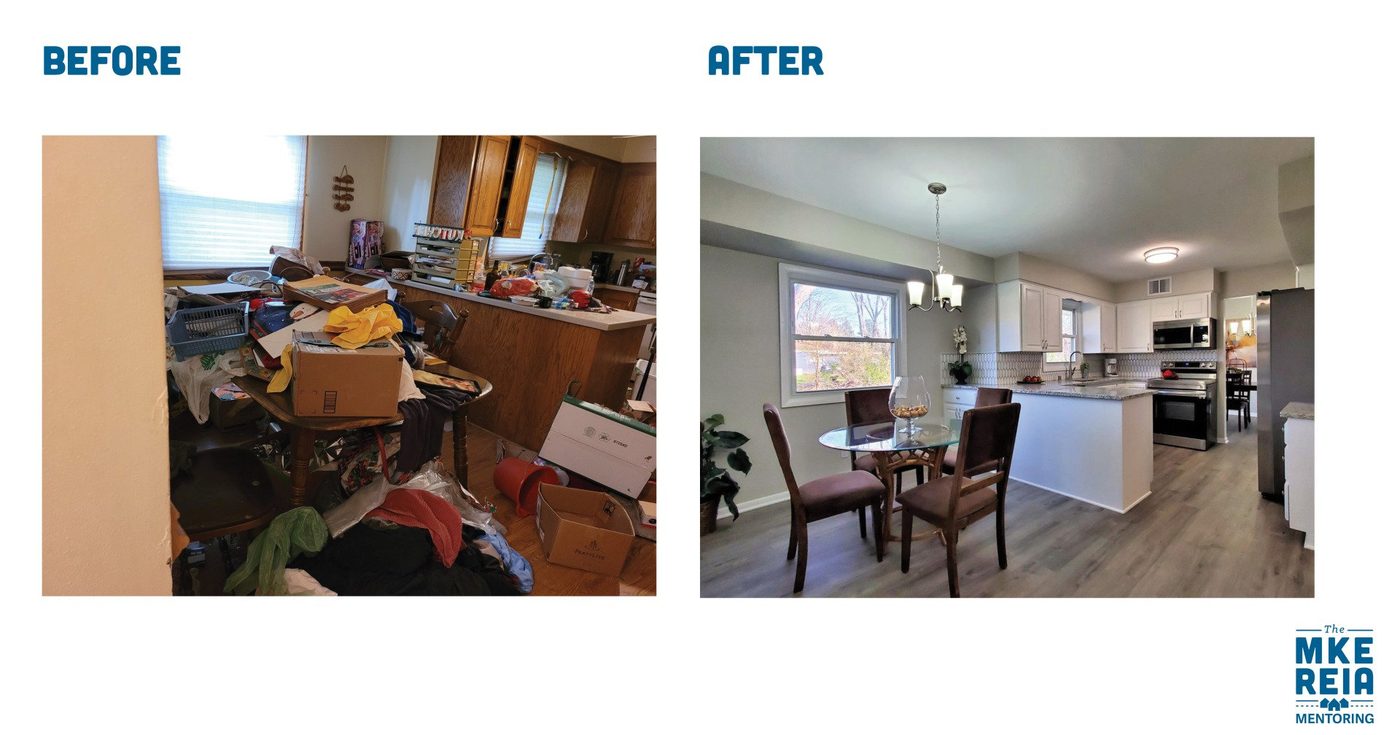 A before and after photo of a kitchen and dining room.