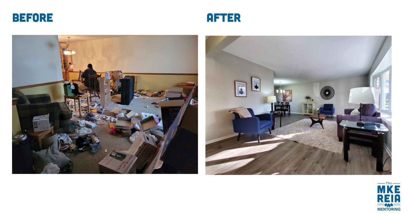 A before and after photo of a living room.
