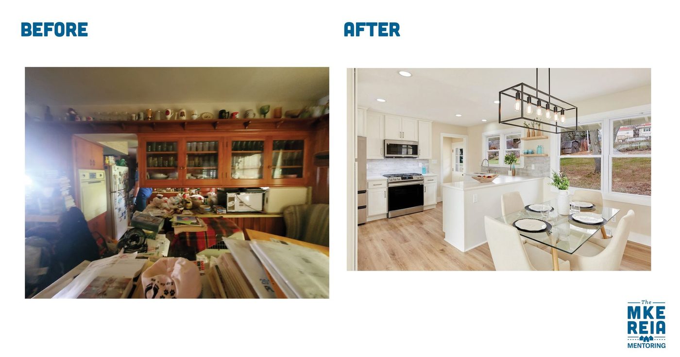 A before and after photo of a kitchen and dining room
