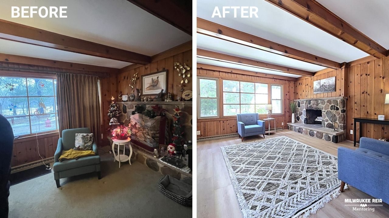 Before and after photos of a living room with a stone fireplace