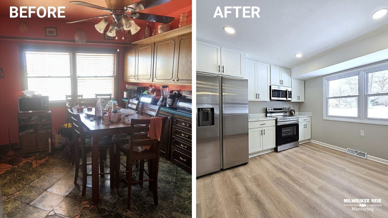 Before and after photos of a dining area and kitchen