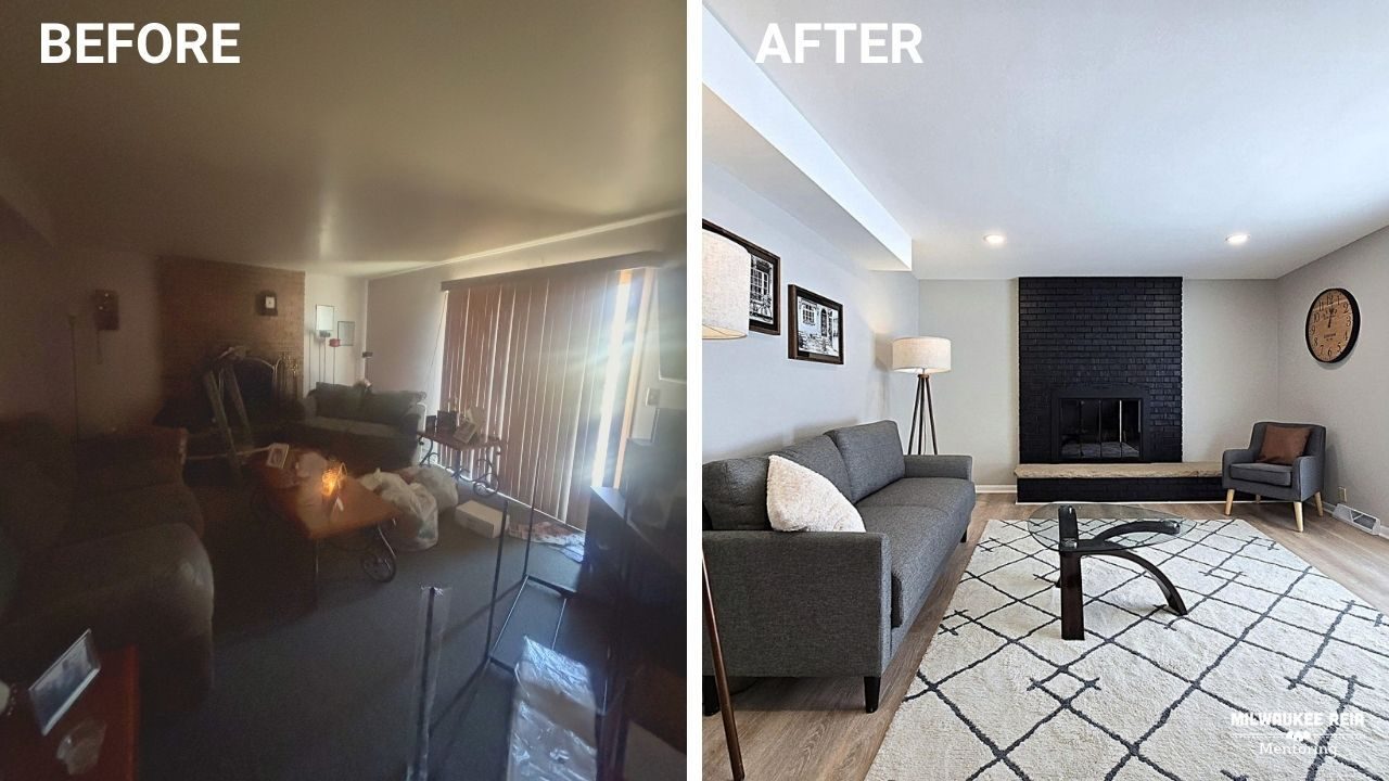 Before and after photos of a living room with a fireplace