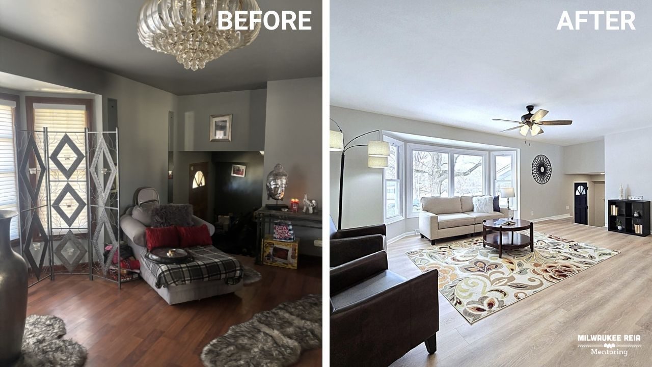 Before and after photos of a living room