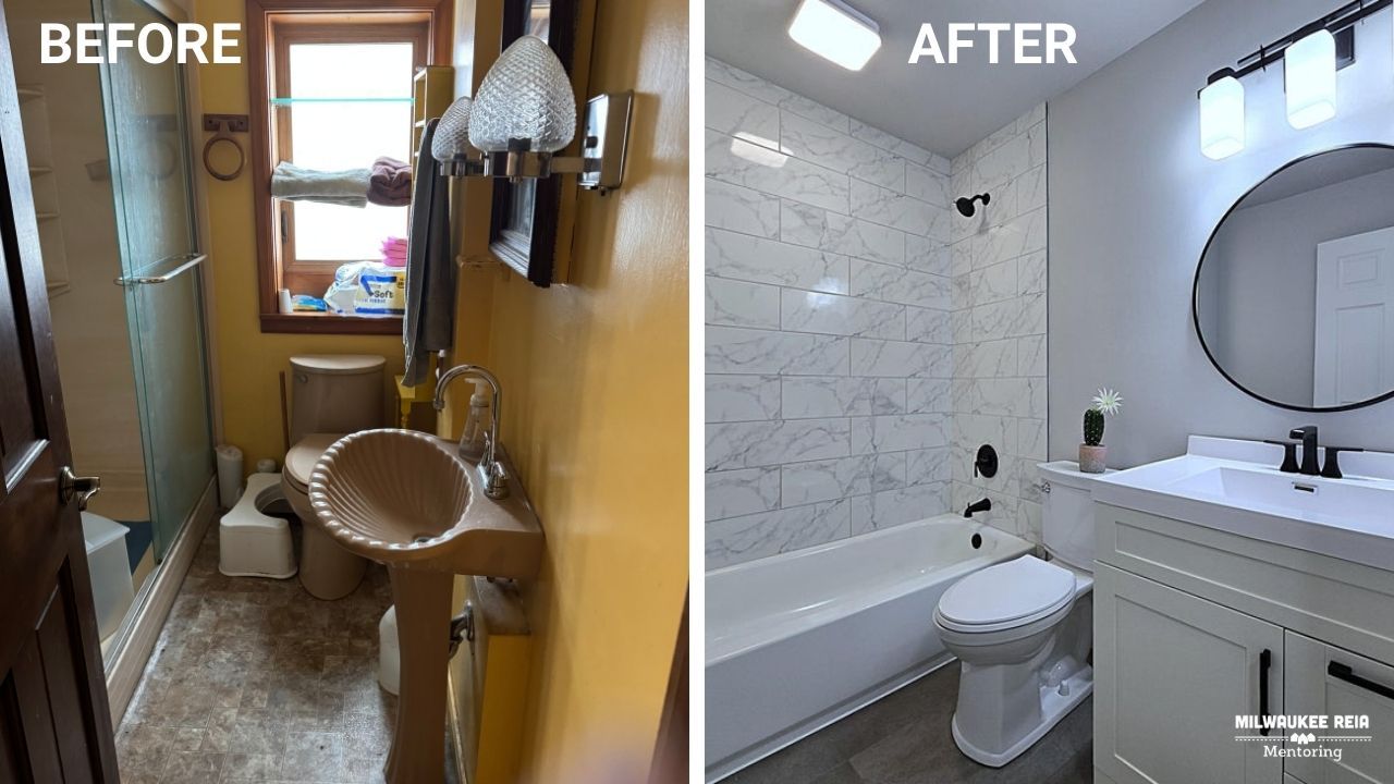 Before and after photos of a bathroom