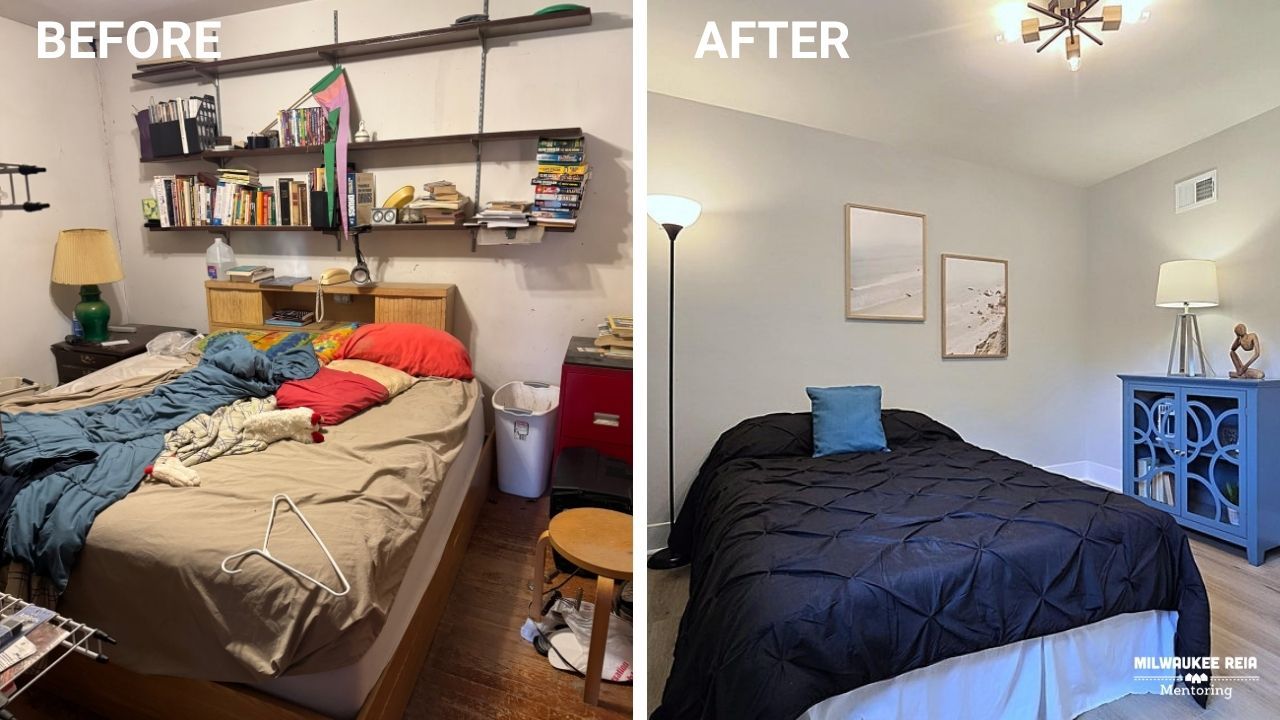 Before and after photos of a bedroom