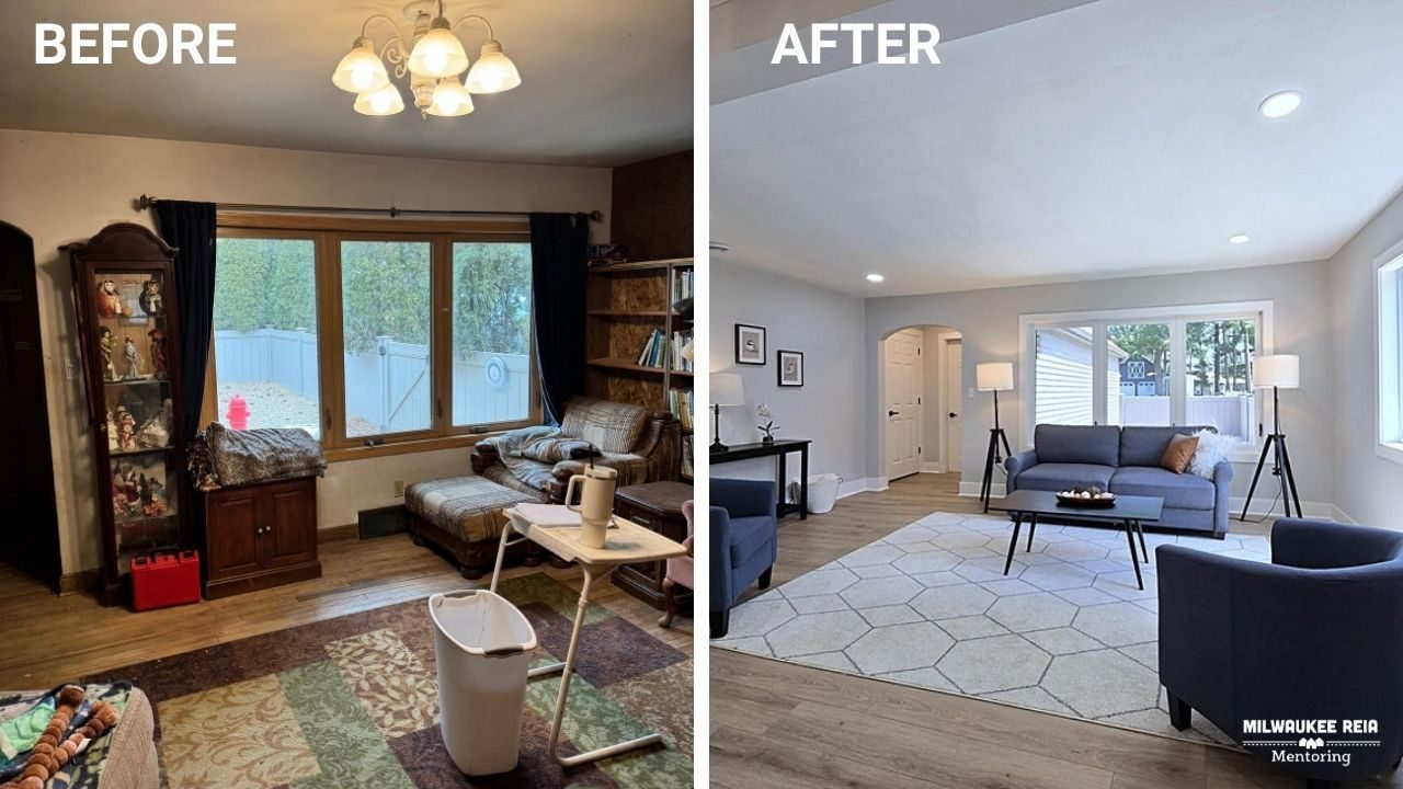 Before and after photos of a living room