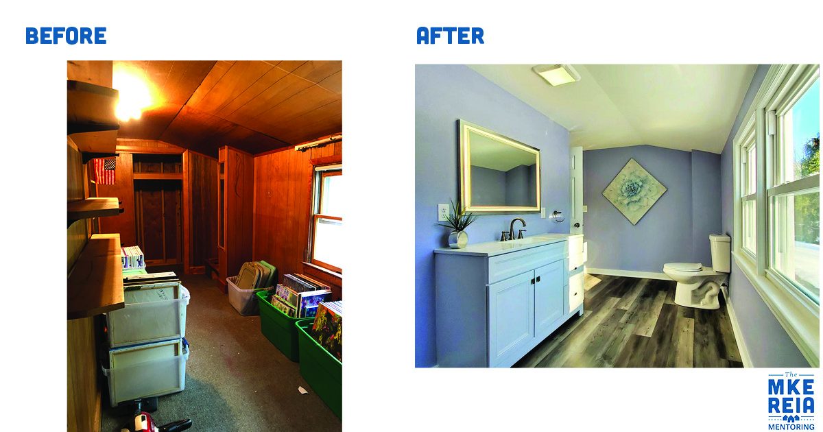 A before and after picture of a bathroom