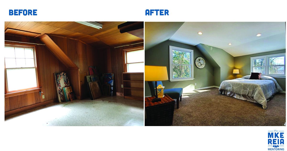 A before and after photo of a bedroom with a bed