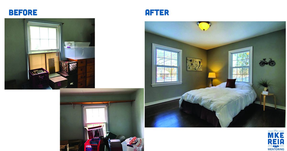 There is a before and after picture of a bedroom.