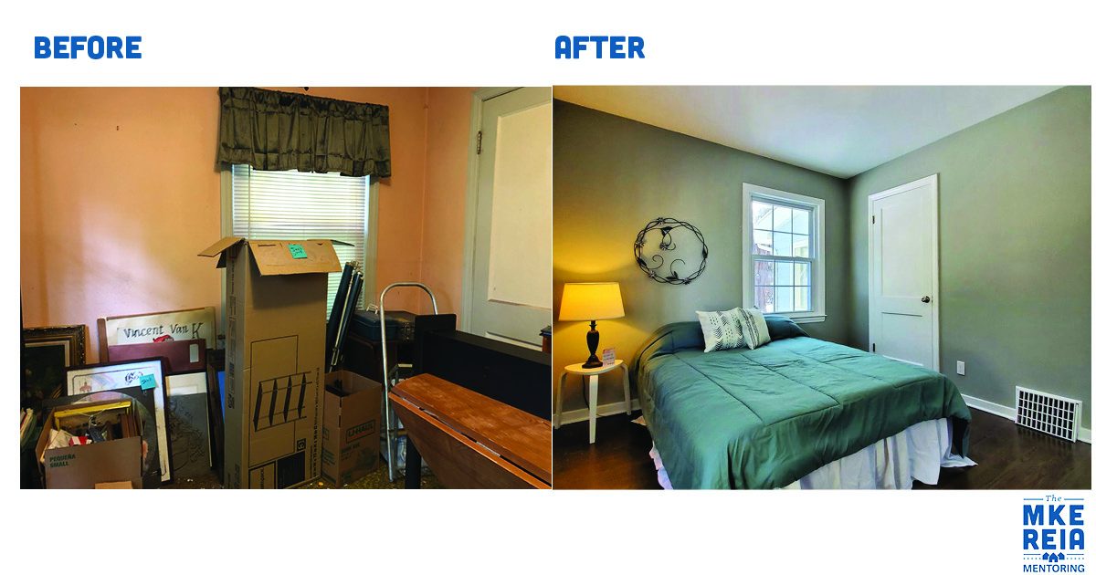 A before and after photo of a bedroom with a bed