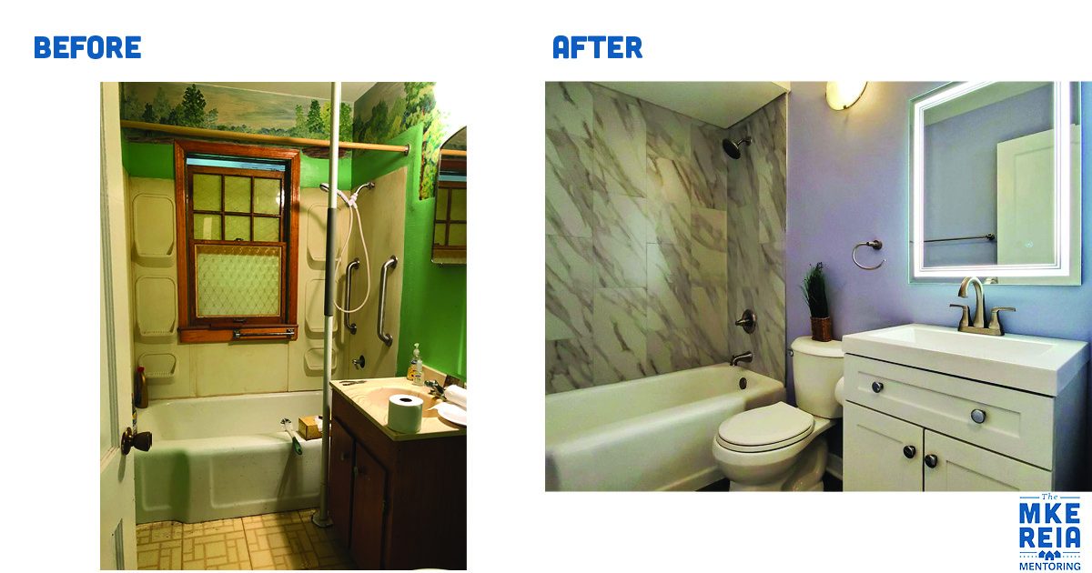 A before and after picture of a bathroom