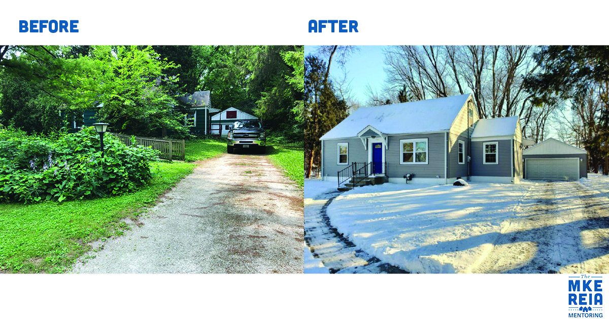A before and after photo of a house with snow on the ground