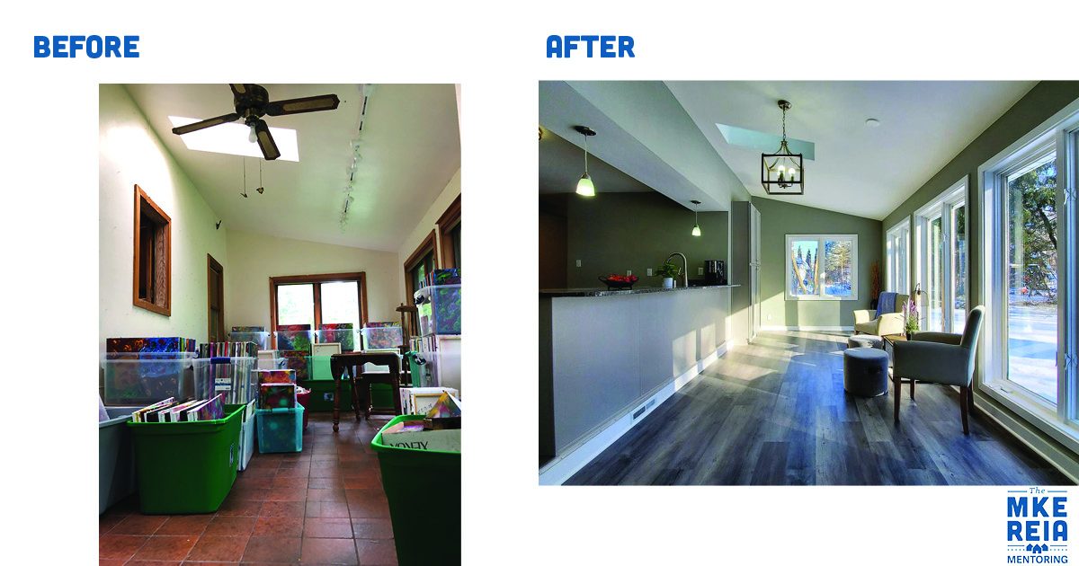 A before and after photo of a living room and kitchen.