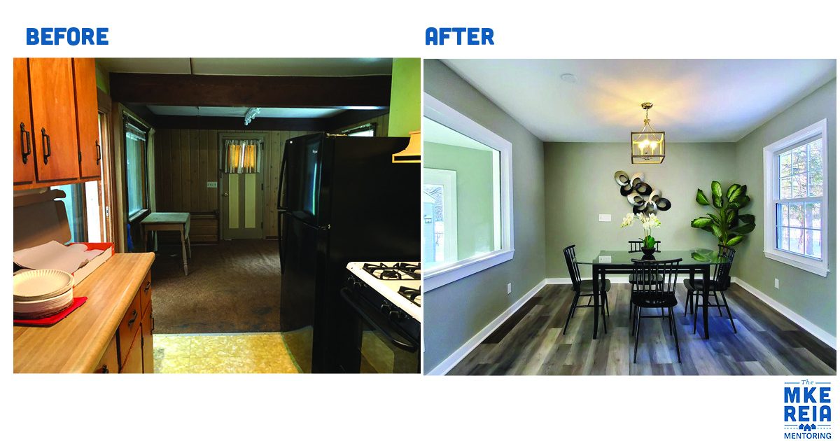 A before and after photo of a kitchen and dining room