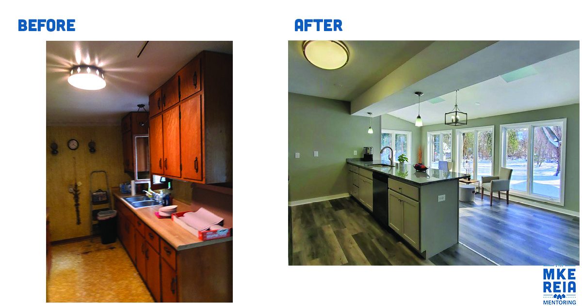 A before and after picture of a kitchen with wooden cabinets