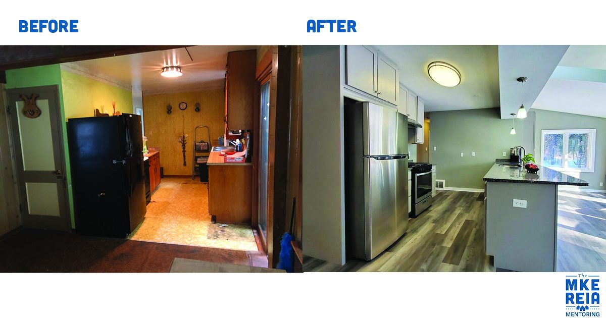 A before and after photo of a kitchen with stainless steel appliances.