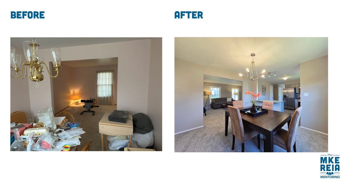 A before and after photo of a living room and dining room