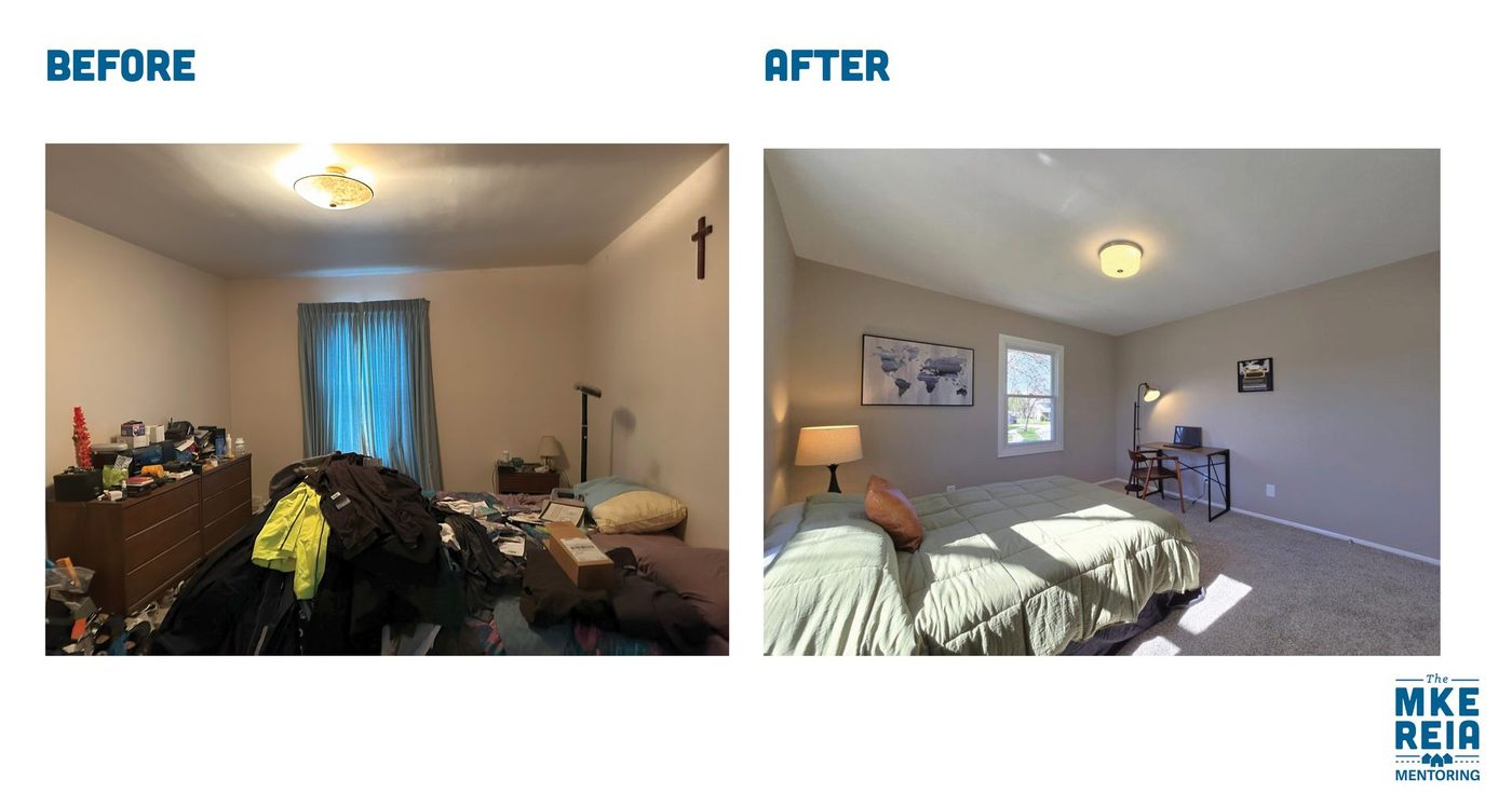 A before and after photo of a bedroom with a cross on the wall