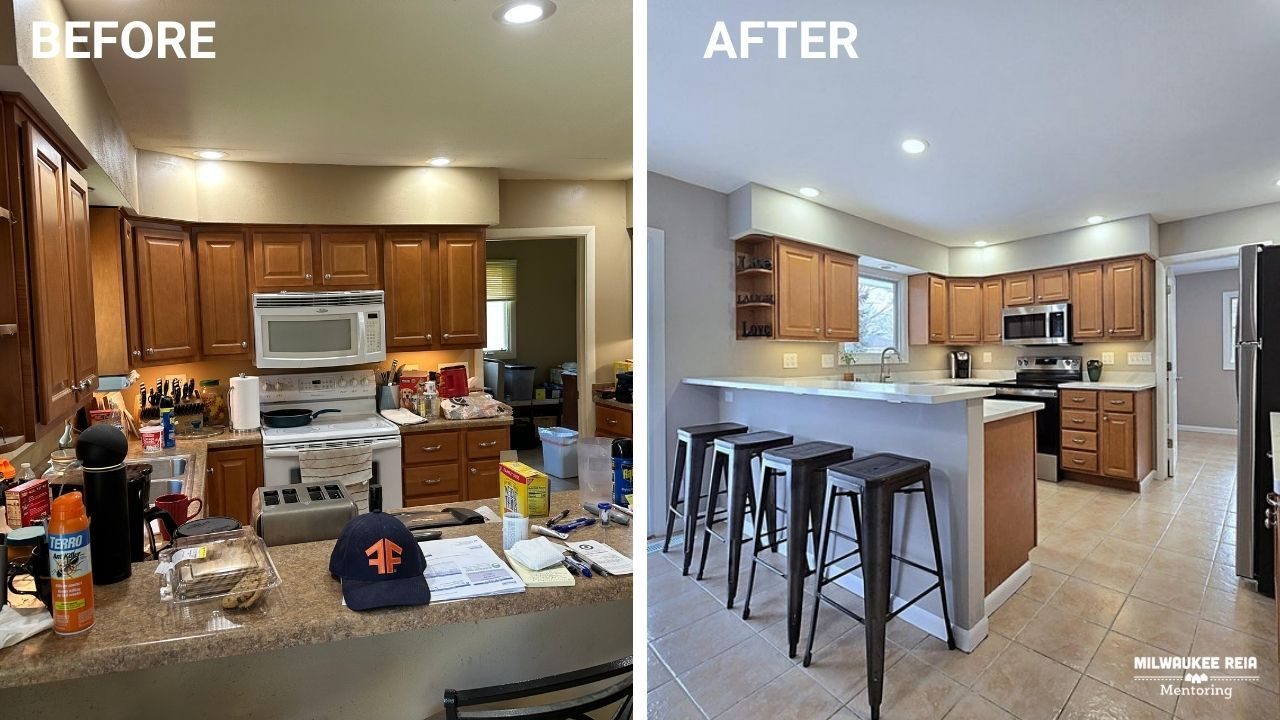 Before and after photos of a kitchen with wood cabinets