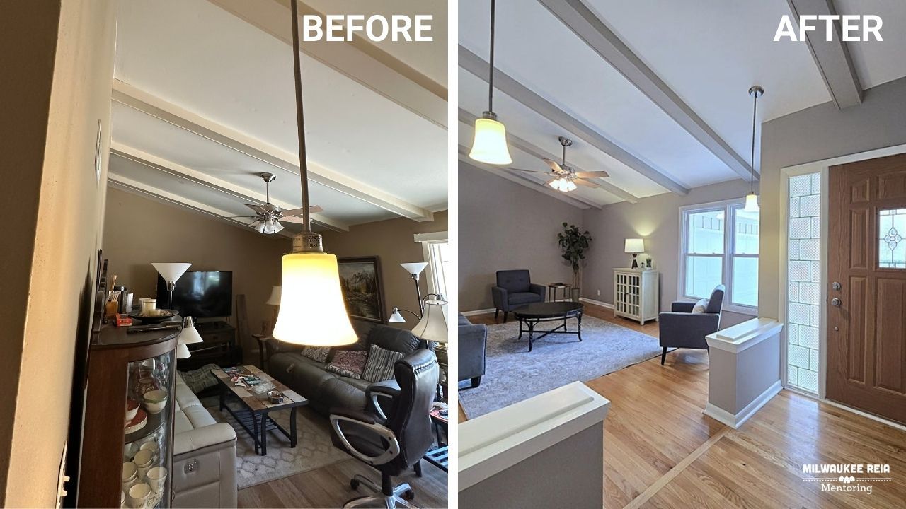 Before and after photos of a living room