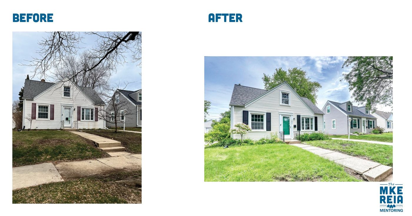 A before and after picture of a house with a green door