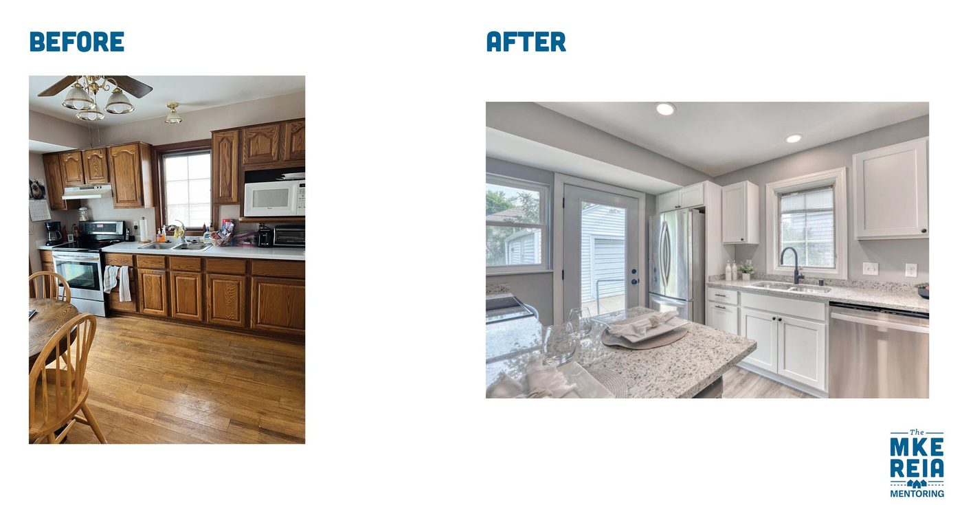 A before and after picture of a kitchen with wooden cabinets and white cabinets.
